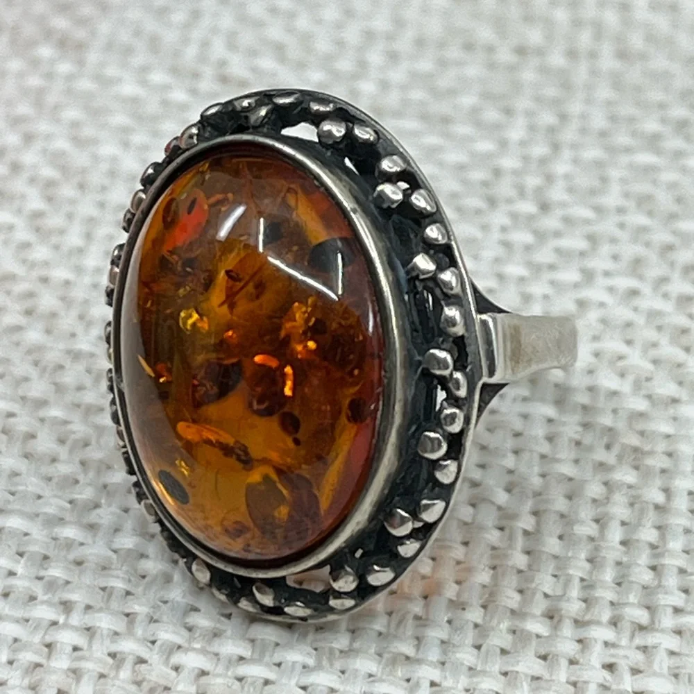 Vintage 925 Poland Baltic Amber Sterling Silver Ring, Size 5.5 - Picture 7 of 16